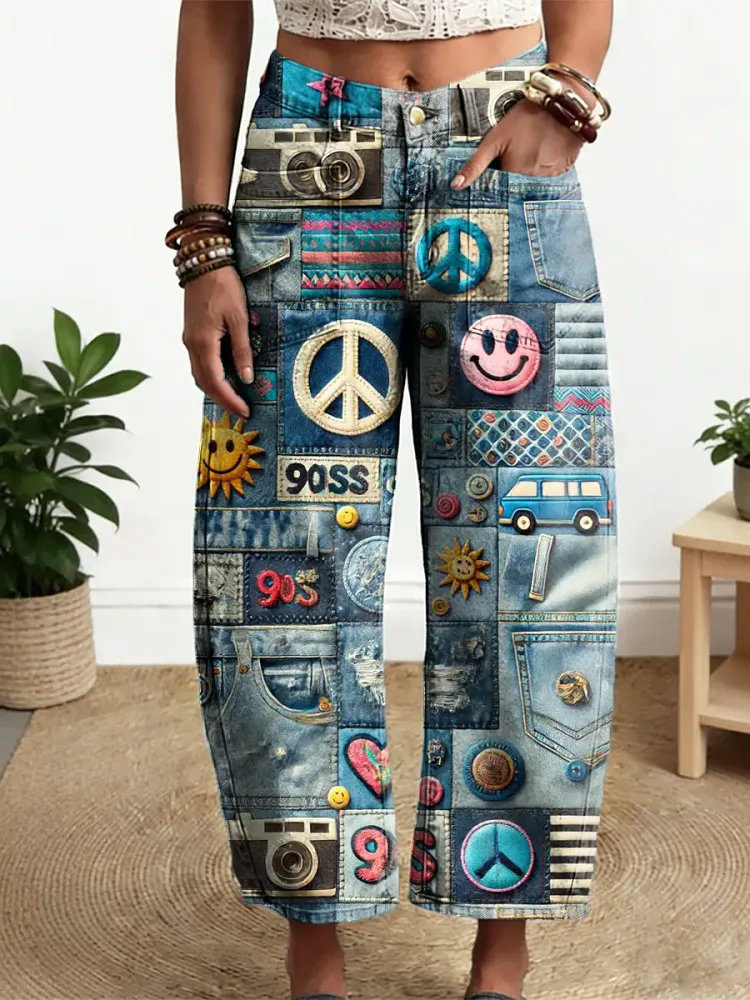 Women's Hippie Style Pattern Art Print Casual Cotton Denim Pants