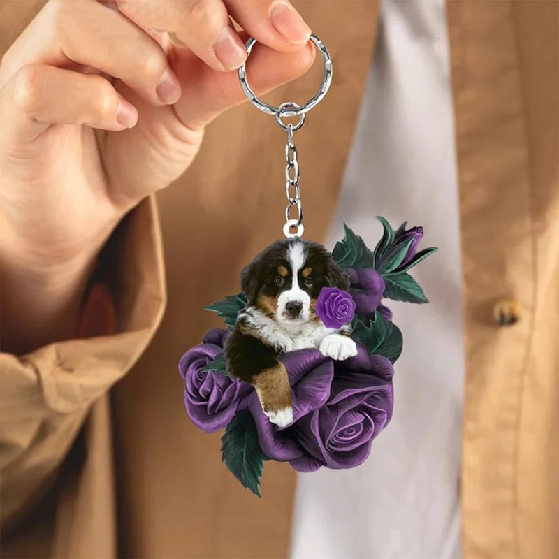 VigorDaily Bernese Mountain In Purple Rose Acrylic Keychain PR013