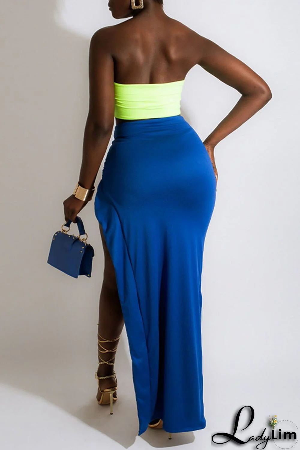 Fluorescent Green Sexy Solid Split Joint Slit Strapless Sleeveless Two Pieces