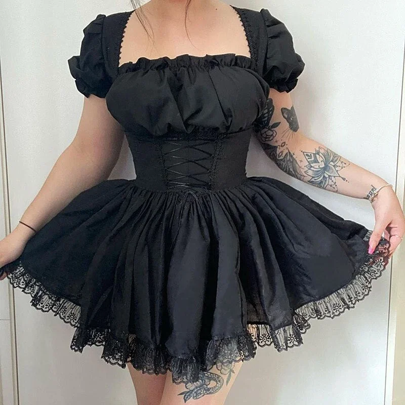 Party Robe Princess Black Gothic Japanese Lolita Sexy Mini Bad Girl Kawaii High Waist Puff Sleeve Lace Ruffles dresses women