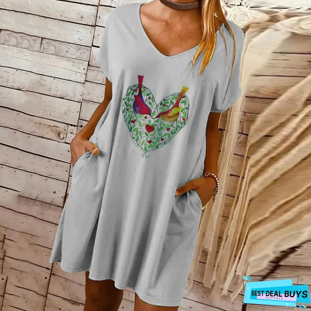 Printed Pocket Loose Dress White Dresses