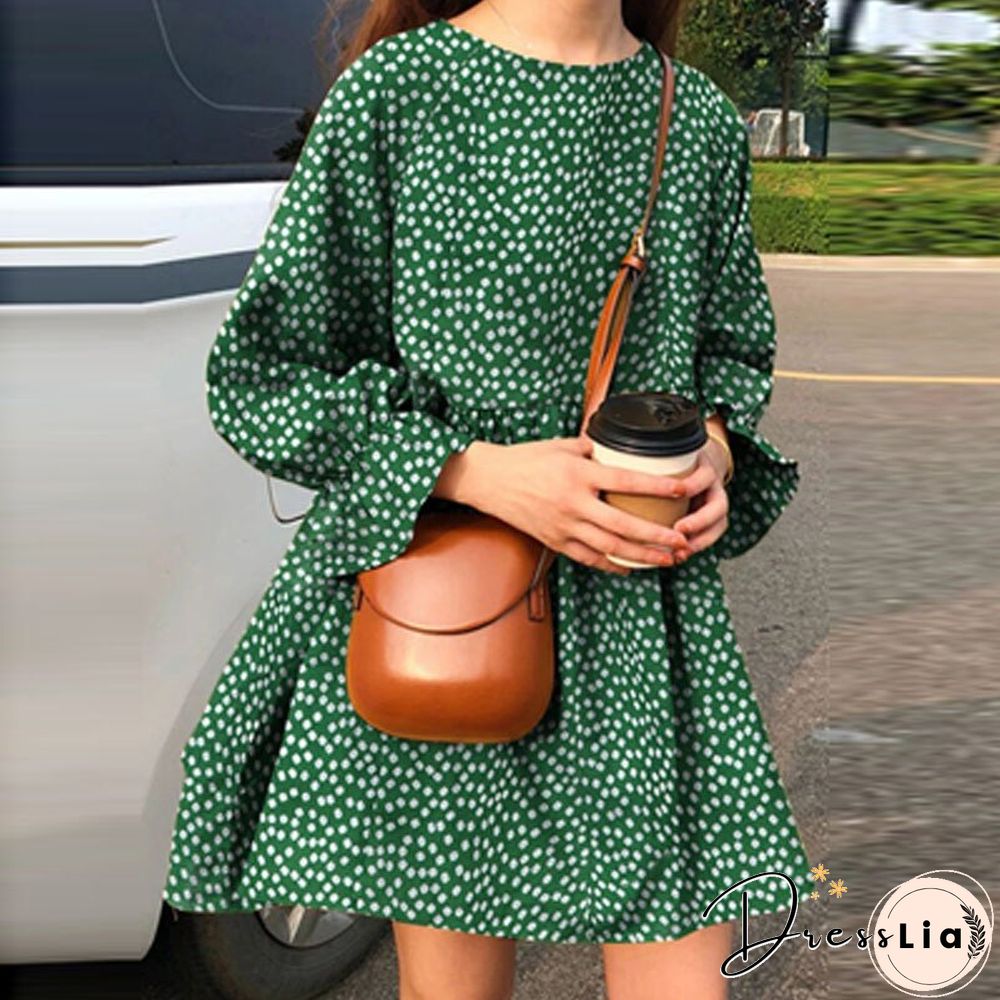 Womens Fashion Small Fresh Long Sleeve Neck Dress Early Autumn Dot Print Mini Ladies