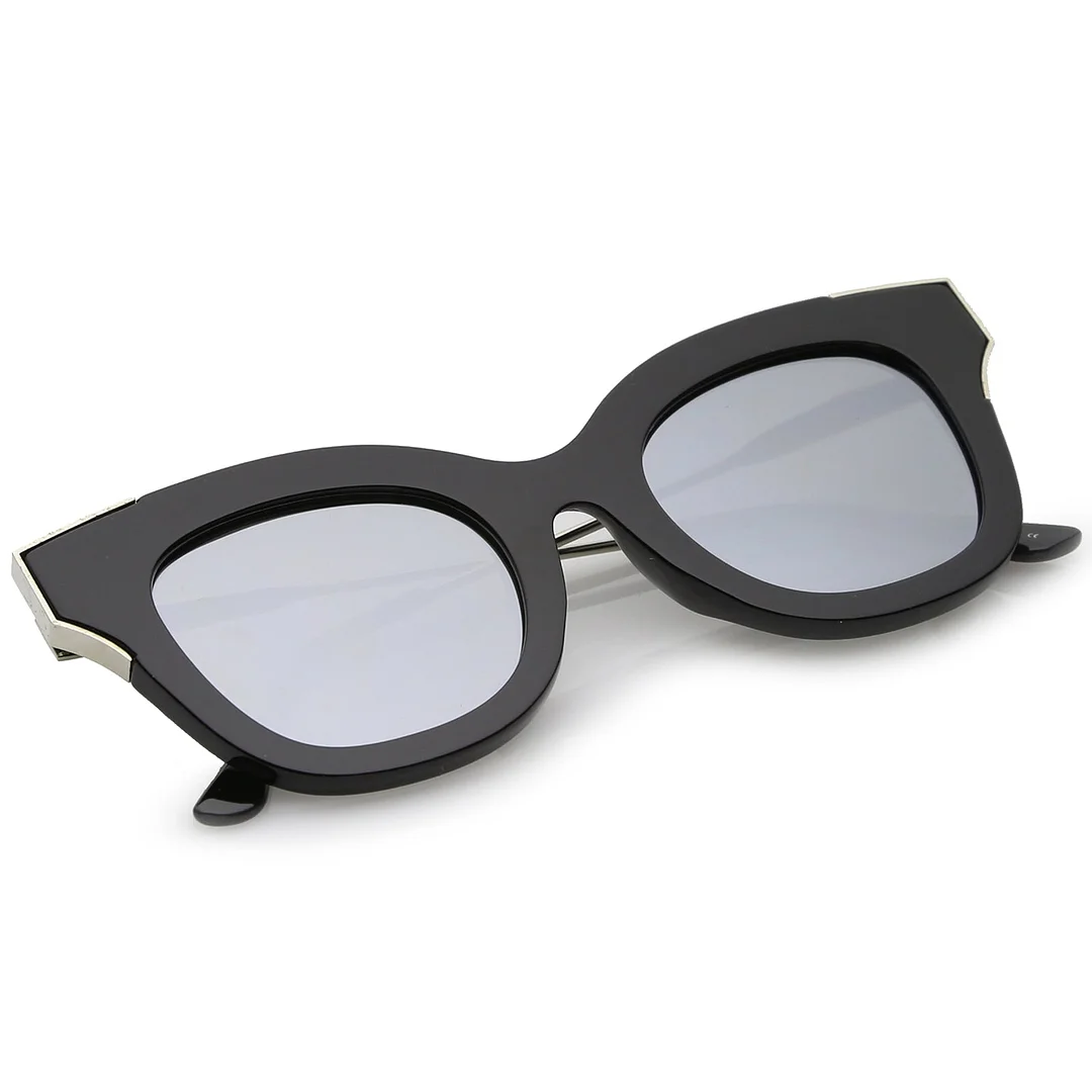 Oversize Slim Temple Metal Square Mirrored Flat Lens Cat Eye glasses 48mm