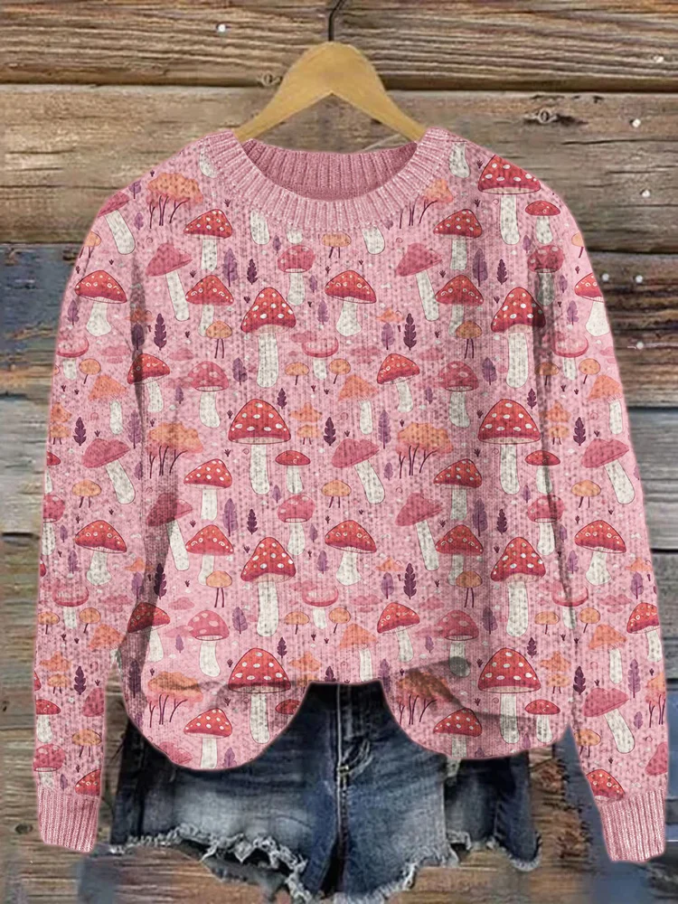 🔥kukelife🔥Forest Mushroom Cottage Pattern Cozy Knit Sweater