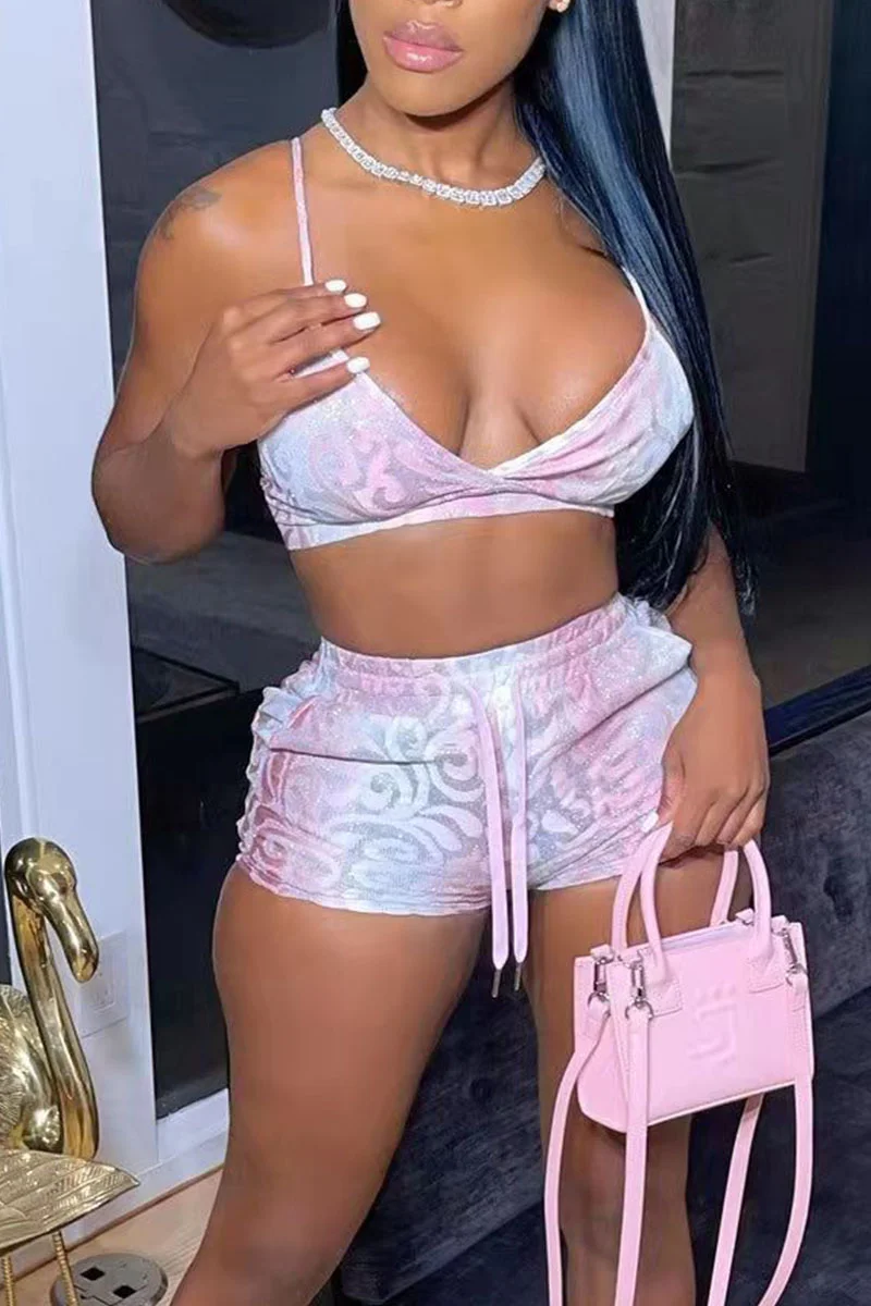 Pink Sexy Print Split Joint Spaghetti Strap Sleeveless Two Pieces