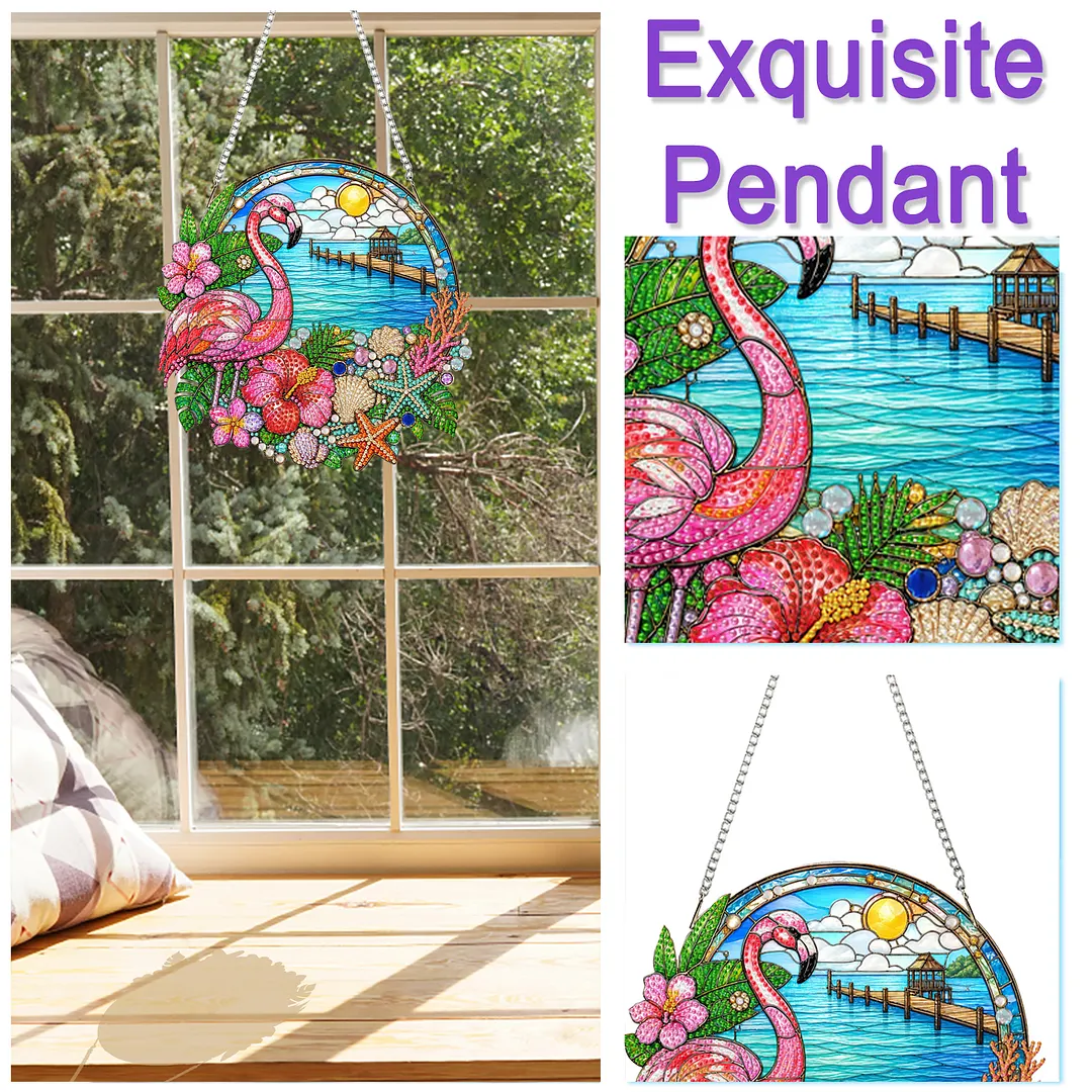 Flamingo Beach Scene 2D Flat DIY PET Diamond Painting Pendant Special Shape Hanging Gem Art Paintings Charm Single Side Drill for Adults Home Wall Window Decor