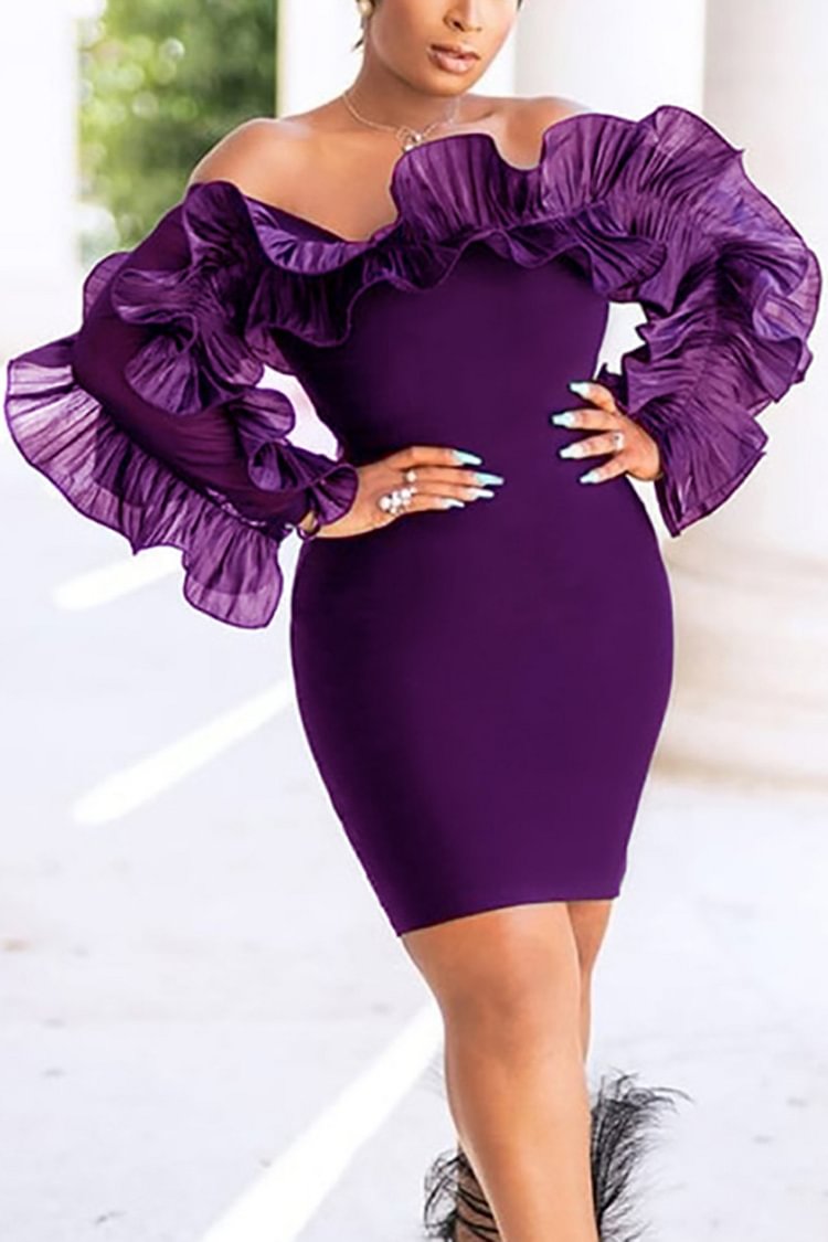 Xpluswear Plus Size Purple Party Off Shoulder Ruffle Bodycon Mini Dress