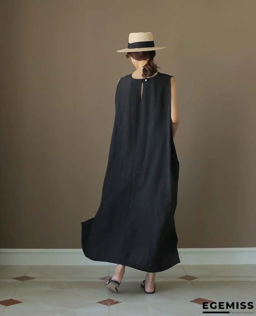 Loose Cotton Vest Dress New Round Neck Sleeveless Long Dress Linen | EGEMISS