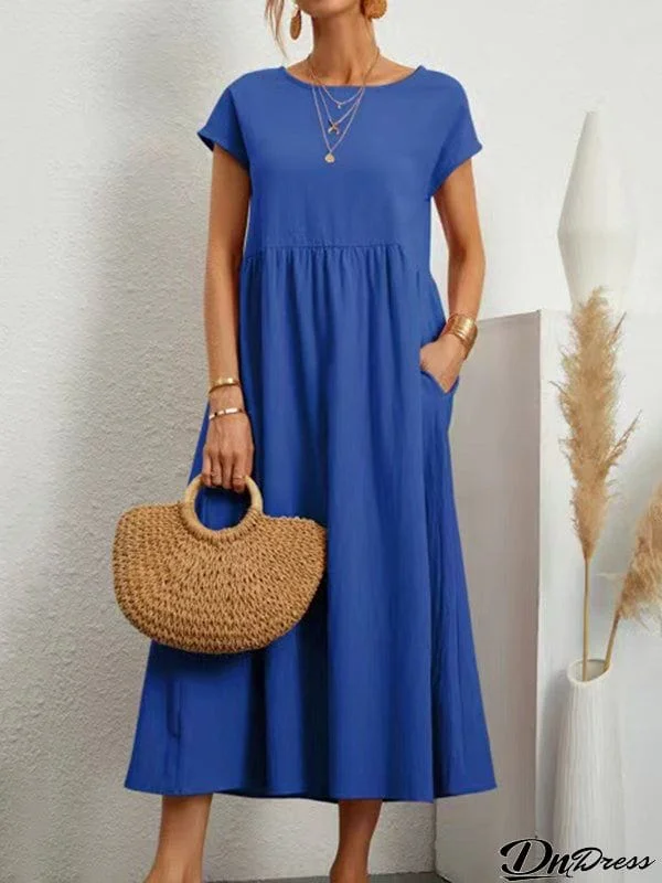 Loose Short Sleeves Pleated Solid Color Round-Neck Midi Dresses