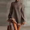 Women's High Quality Elegant High Neck Ruffled Patchwork Long Sleeve Knitted Sweater Dress