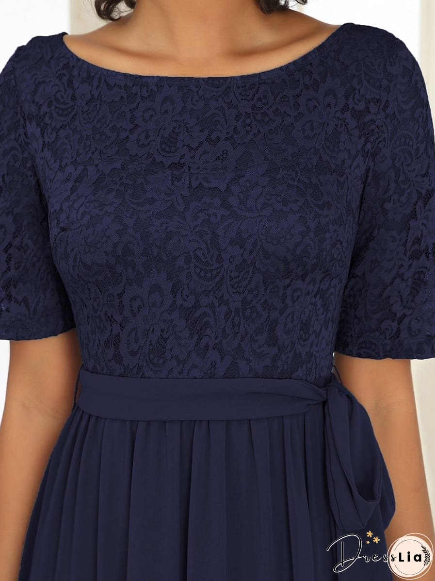 Sophisticated Lace Bodice Chiffon Maxi Evening Gown with Belt for Elegant Occasions