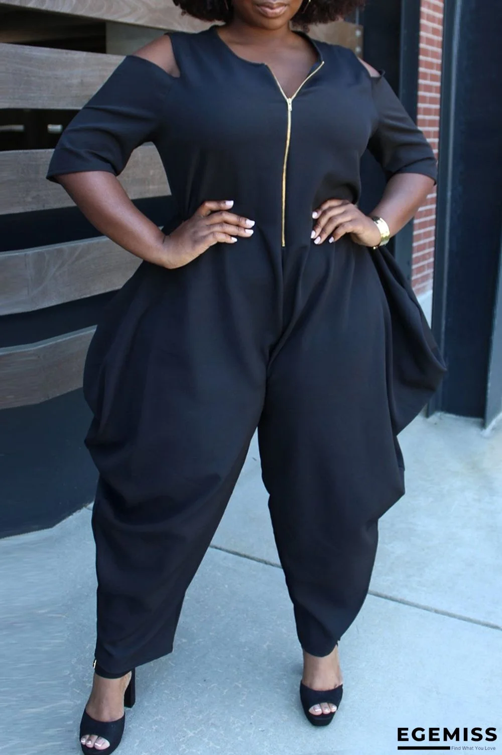 Black Fashion Casual Solid Zipper O Neck Plus Size Jumpsuits | EGEMISS