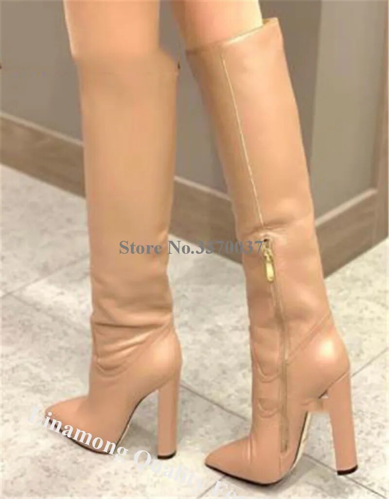 VCSHOES Women Pointed Toe Chunky Heel Knee High Boots White Leather Long Thick High Heel Boots Wedding Dress Shoes