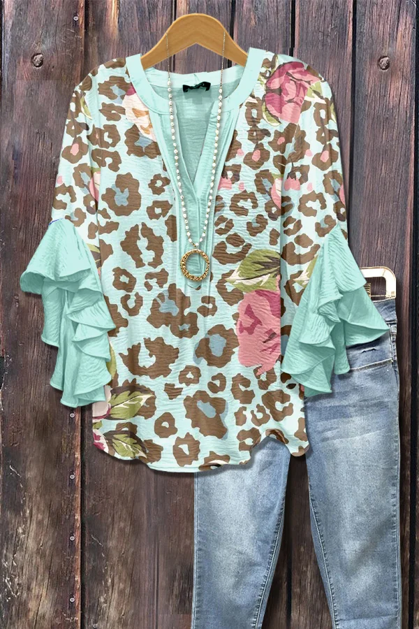 Floral Leoaprd Print Ruffle Sleeve Top