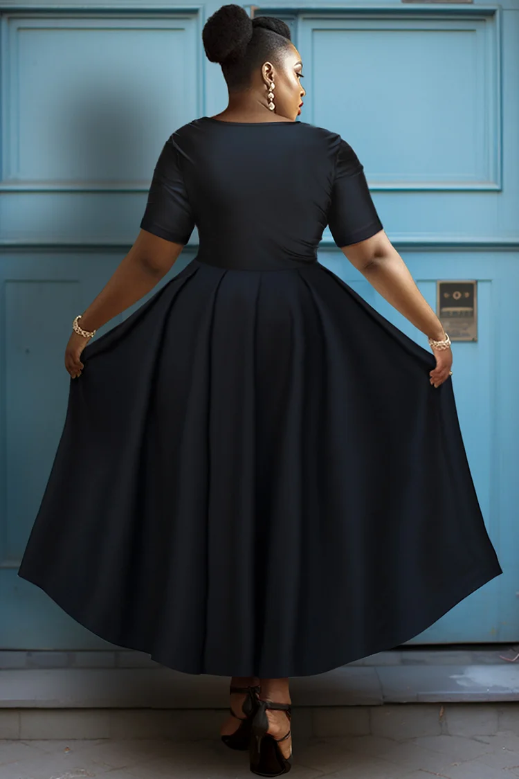 Xpluswear Design Plus Size Semi Formal Black Round Neck Short Sleeve Midi Dresses