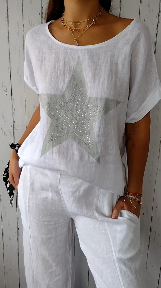 Star Print Cotton and Linen Short Sleeve Tops