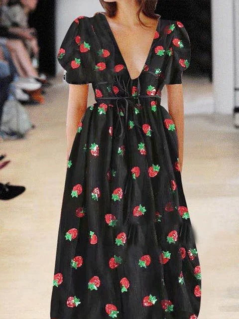 Strawberry Sexy Elegant Mesh Short Puff Sleeve Dress