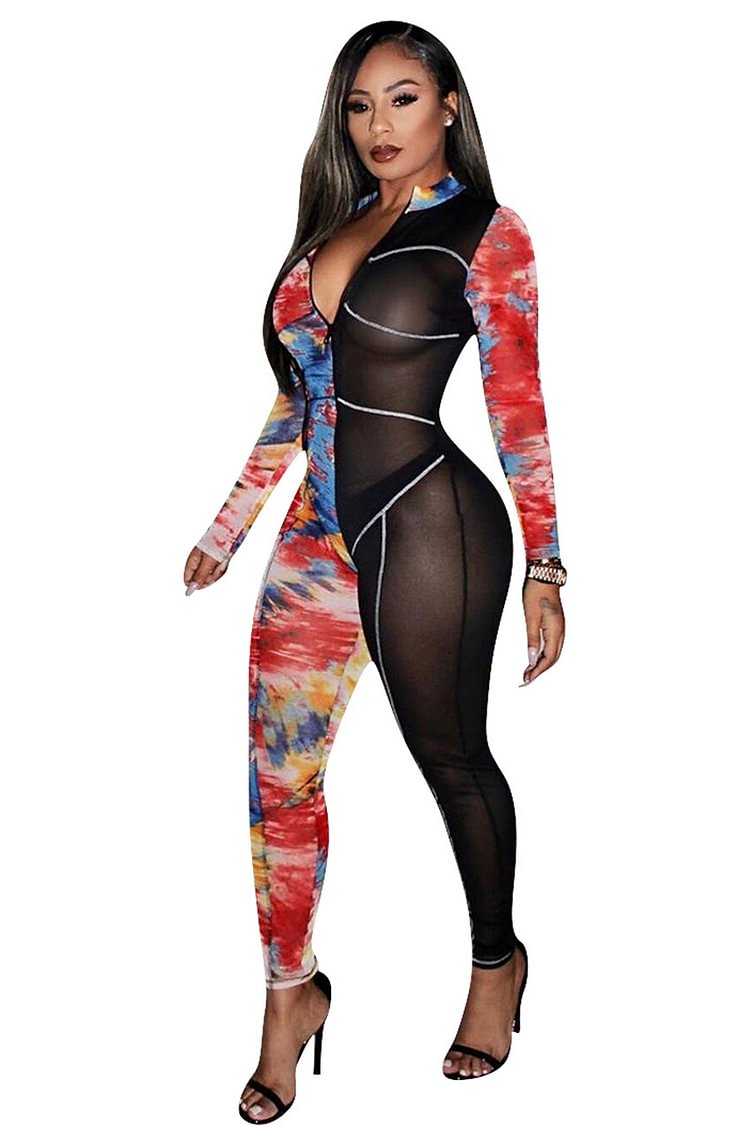 V Neck Zipper Print Patchwork See Through Long Sleeve Slim Jumpsuit
