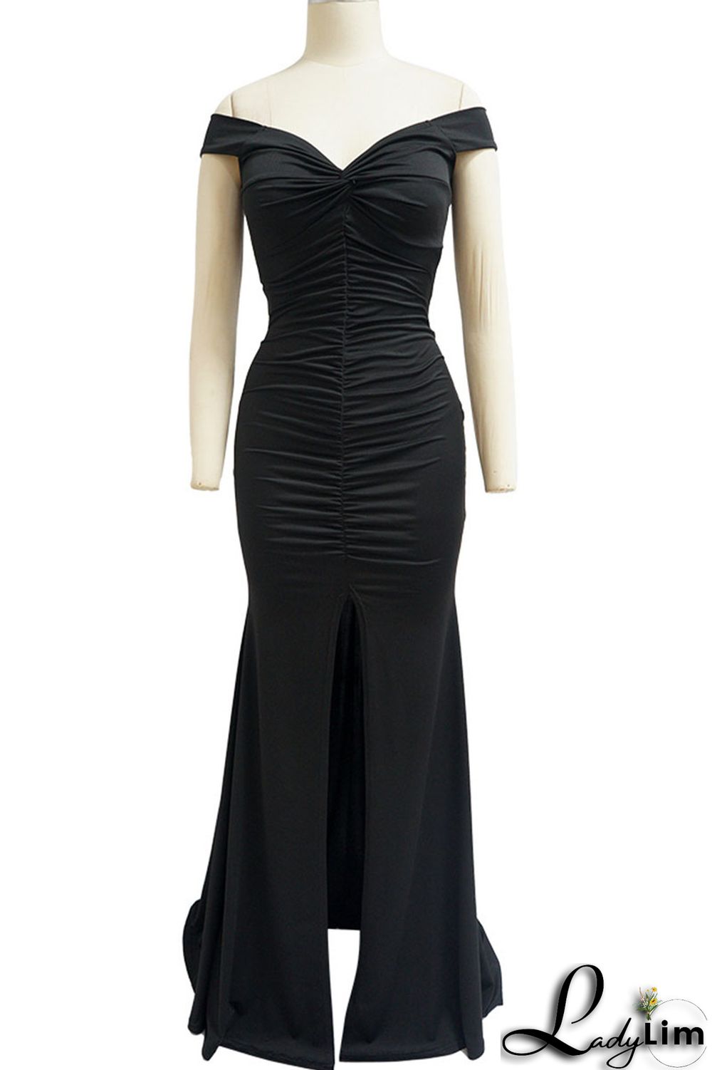 Burgundy Elegant Solid Patchwork Slit Fold V Neck Evening Dress Dresses