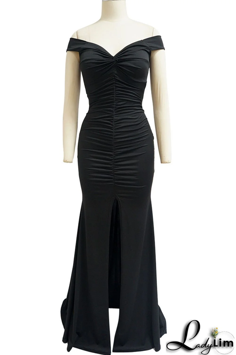 Burgundy Elegant Solid Patchwork Slit Fold V Neck Evening Dress Dresses