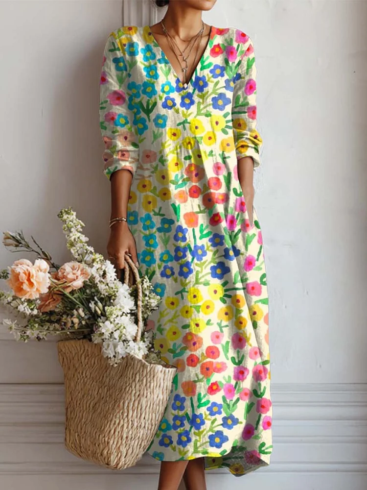Women's Lovely Floral Art Print Casual Cotton And Linen Pocket Dress