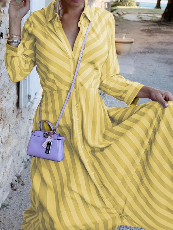 Stripe Cotton Collar Long Dress main image 1