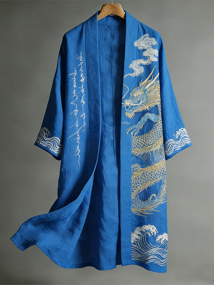 Japanese Art Ocean Theme Dragon Pattern Retro Long Kimono elevenforest