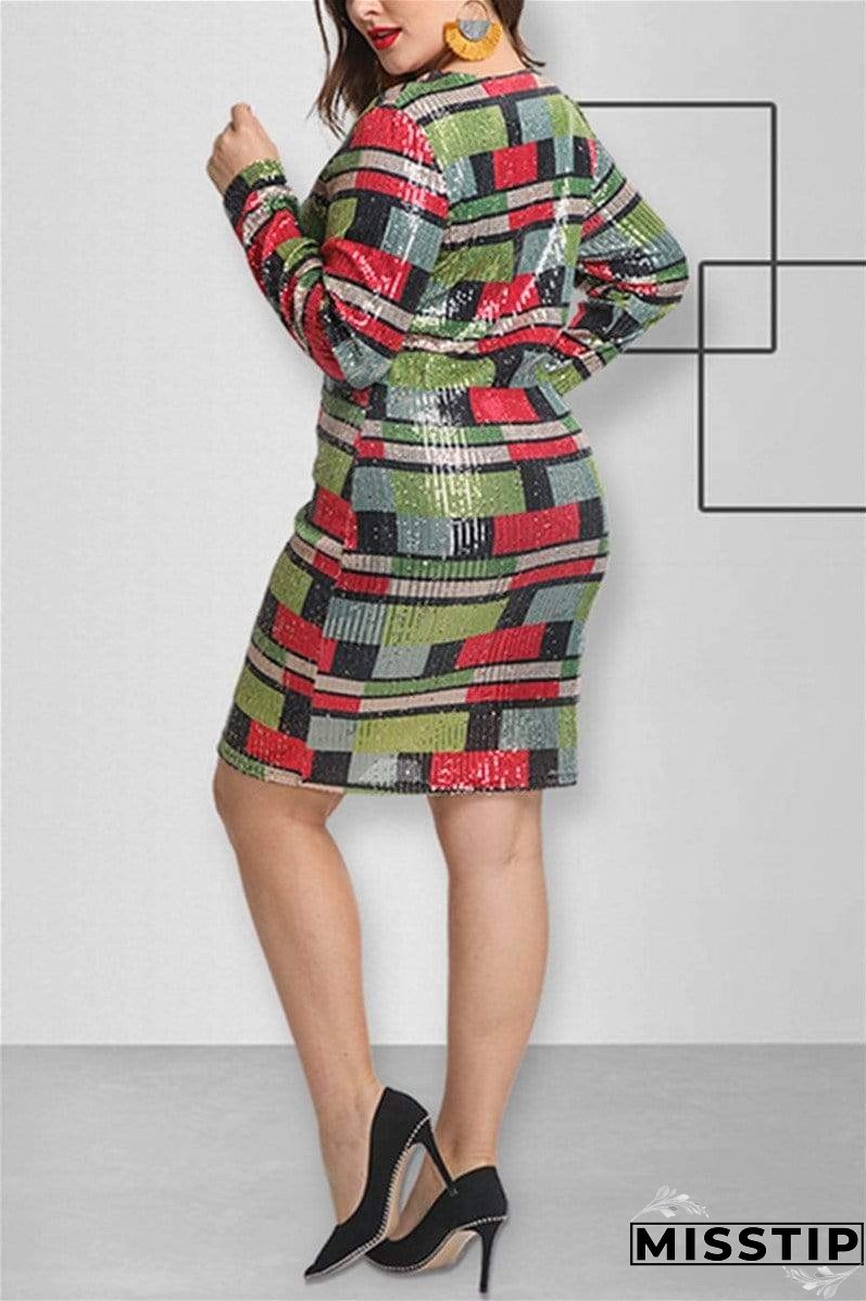 Fashion V Neck Sequin Plaid Dress