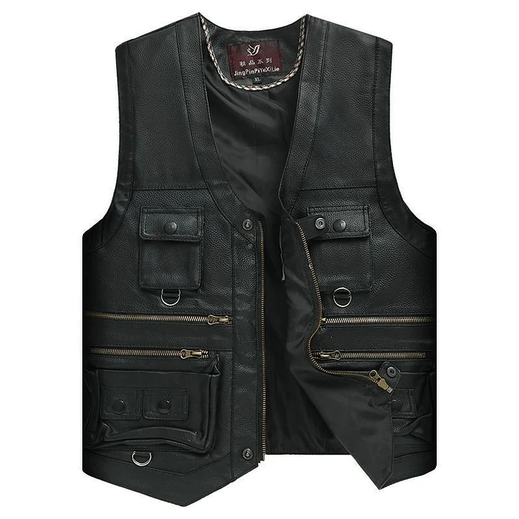 Men's Head Layer Cowhide Outdoor Warm Fall and Winter in Multi-Pocket Leather Vests