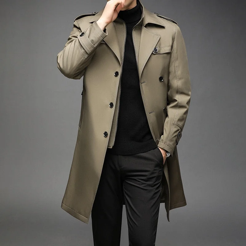 Inongge New Trench Coat Men Long Liner Detachable Smart Casual Windbreakers Mens Long Jackets Solid Color Turn Down Collar Trench Coat