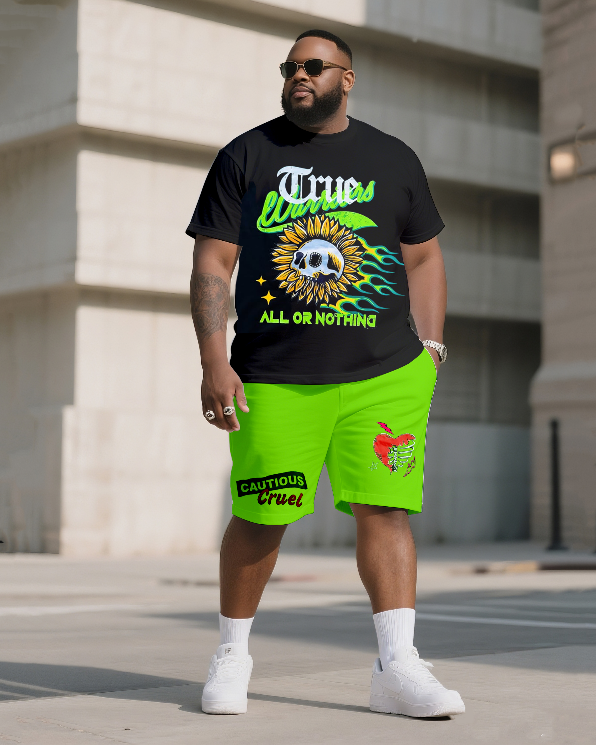 Big & Tall Men's Street Fashion ALL OR NOTHING Skull Print Crewneck T-Shirt Shorts Suit