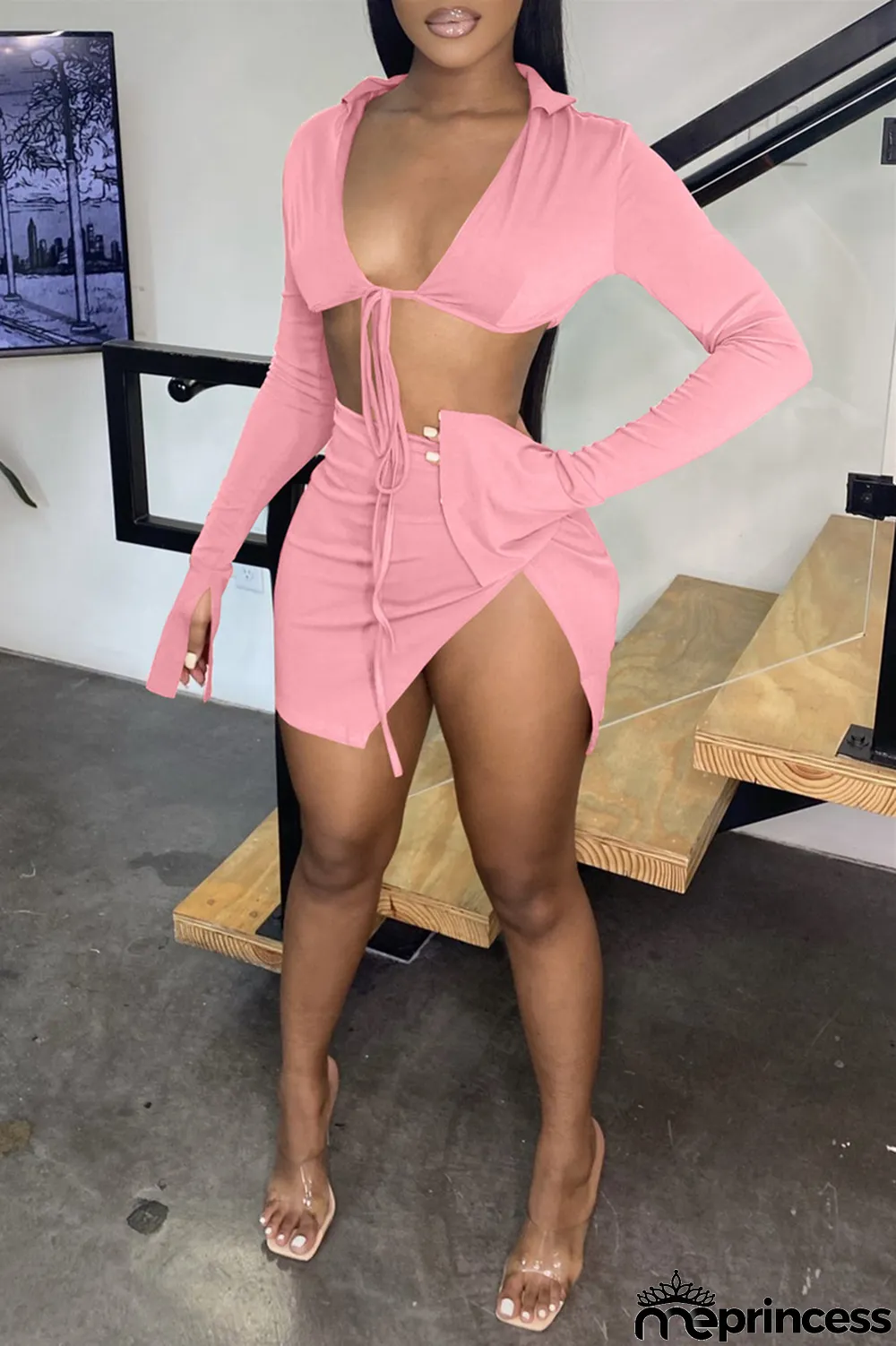 Black Sexy Casual Solid Bandage Slit V Neck Long Sleeve Two Pieces