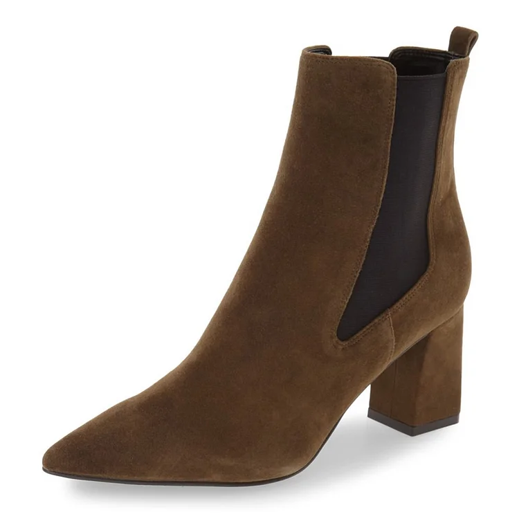 Brown Chelsea Boots Pointy Toe Chunky Heel Vegan Suede Shoes |FSJ Shoes