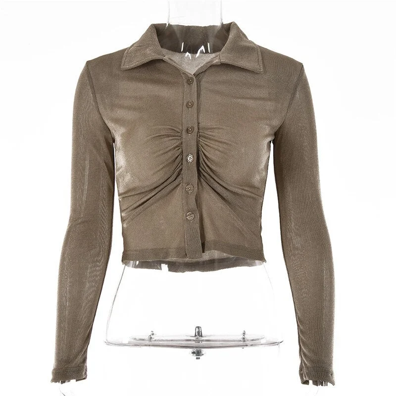 Articat Autumn Long Sleeve Buttons Ruched T-Shirts Women Sexy Turn-Down Collar Slim Crop Tops Femme Fashion High Street T Shirt