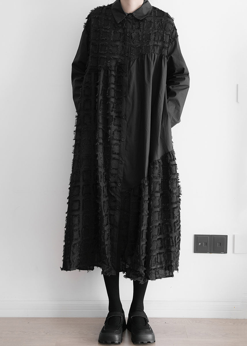 VCSHOES Black Patchwork Wrinkled Maxi Shirts Dresses Long Sleeve