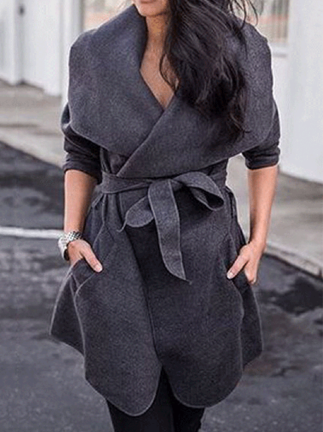 Casual Lace-Up Lapel Outerwear With Belt | EGEMISS