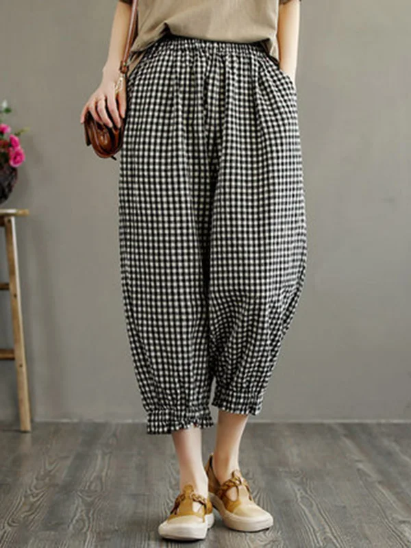 Casual Plaid Cotton Blend Capri-Pants