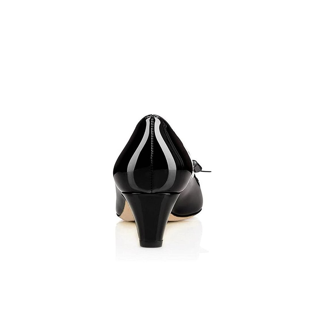Women's Black Patent Leather Round Toe Kitten Heel Pumps with Bow
