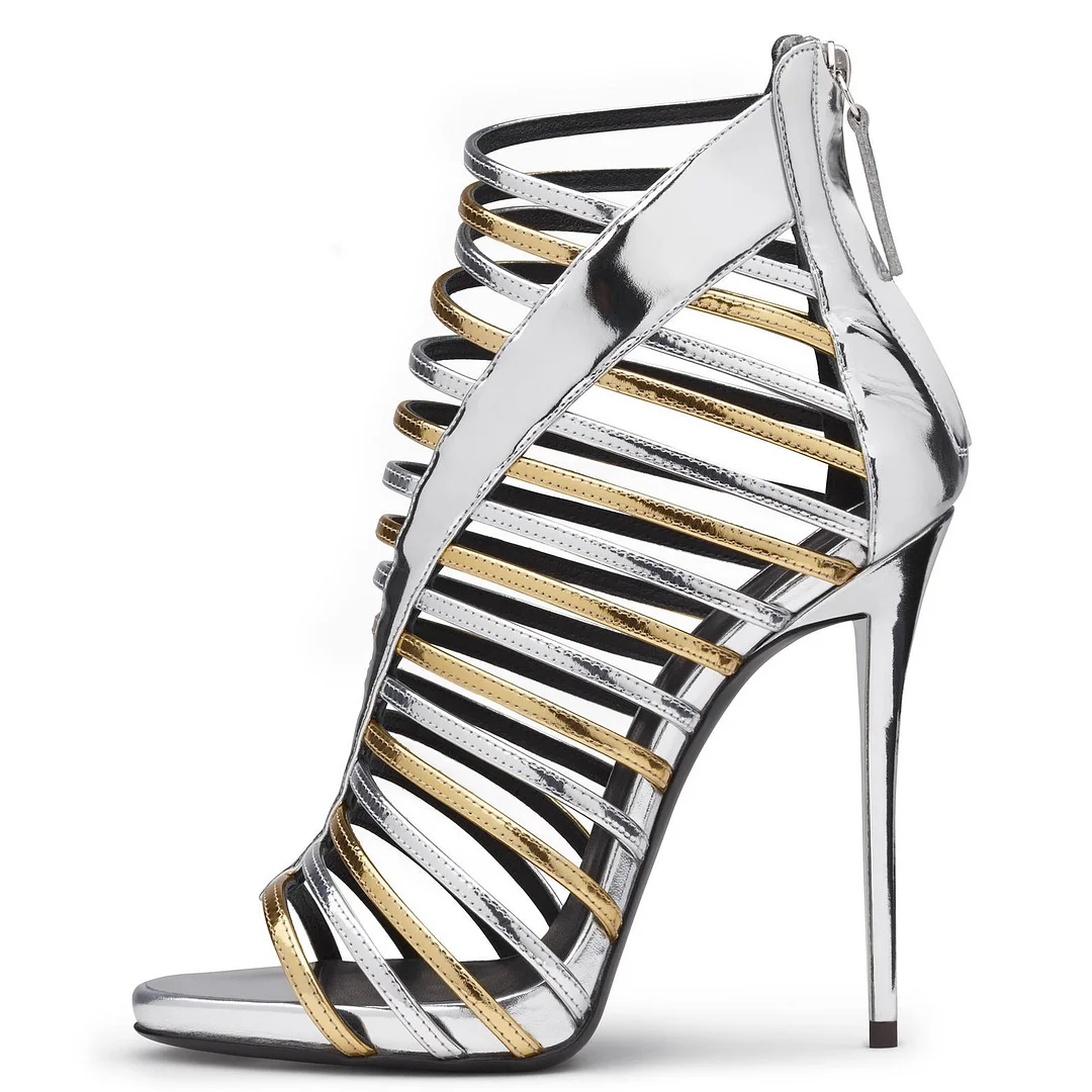 Silver & Gold Open Toe Stiletto Heel Gladiator Sandals Nicepairs