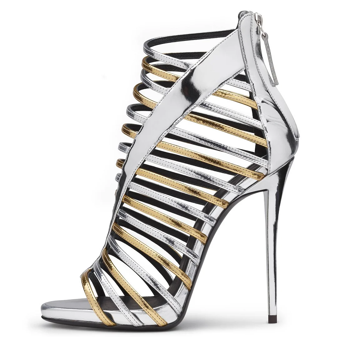 Silver & Gold Strappy Sandals Gladiator Heels Stiletto Heel Nicepairs