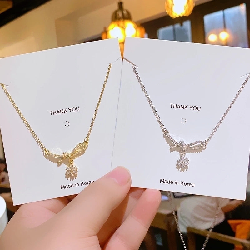 304 Stainless Steel Copper 18K Gold Plated K Gold Plated Inlay Bow Knot Zircon Pendant Necklace