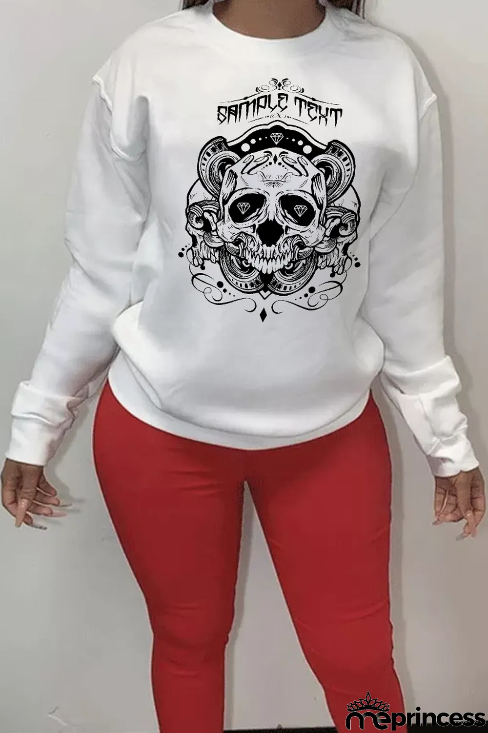 White Casual Street Print Skull Patchwork O Neck Tops