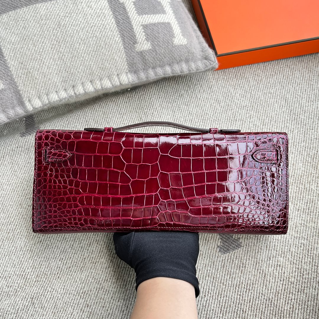 Kelly cut Shiny Porosus Crocodile 57 Bordeaux Red GHW
