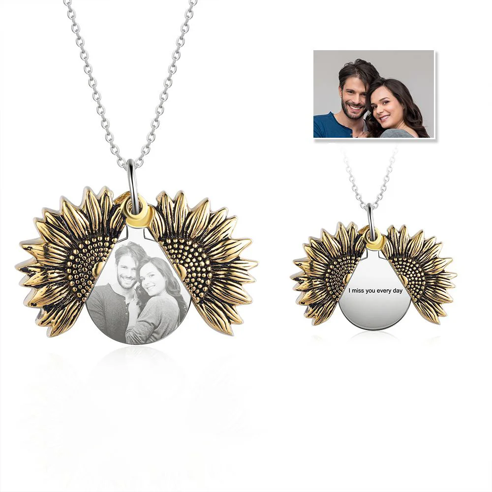 Vangogifts Custom Open Locket Sunflower Necklace With Engraved Picture Text | Best Gift for Mom Wife Girlfriend Family