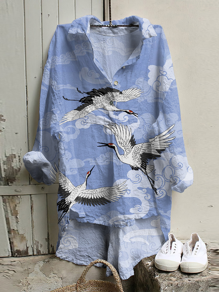 Comstylish Cranes Japanese Art Cotton And Linen Button Casual Shirt