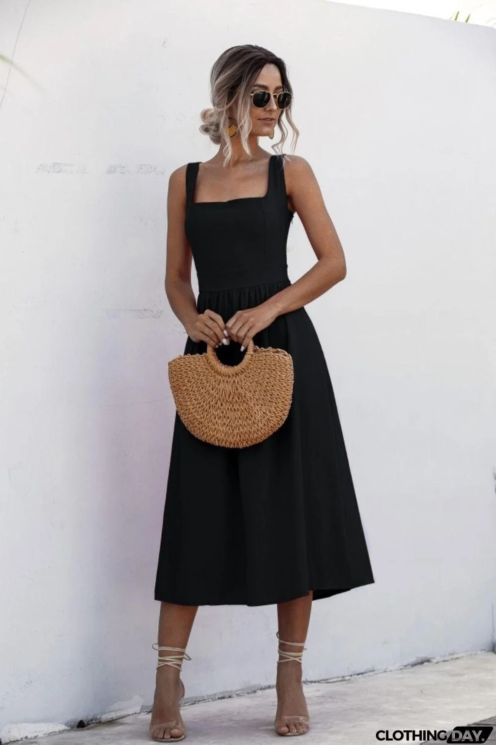Square Neck Sleeveless Smocked Midi Dress