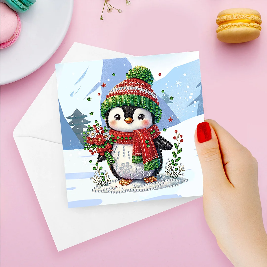 6pcs DIY Christmas Penguin DIY Diamond Painting Greeting Card for Friends Family Gift【With White Envelope】