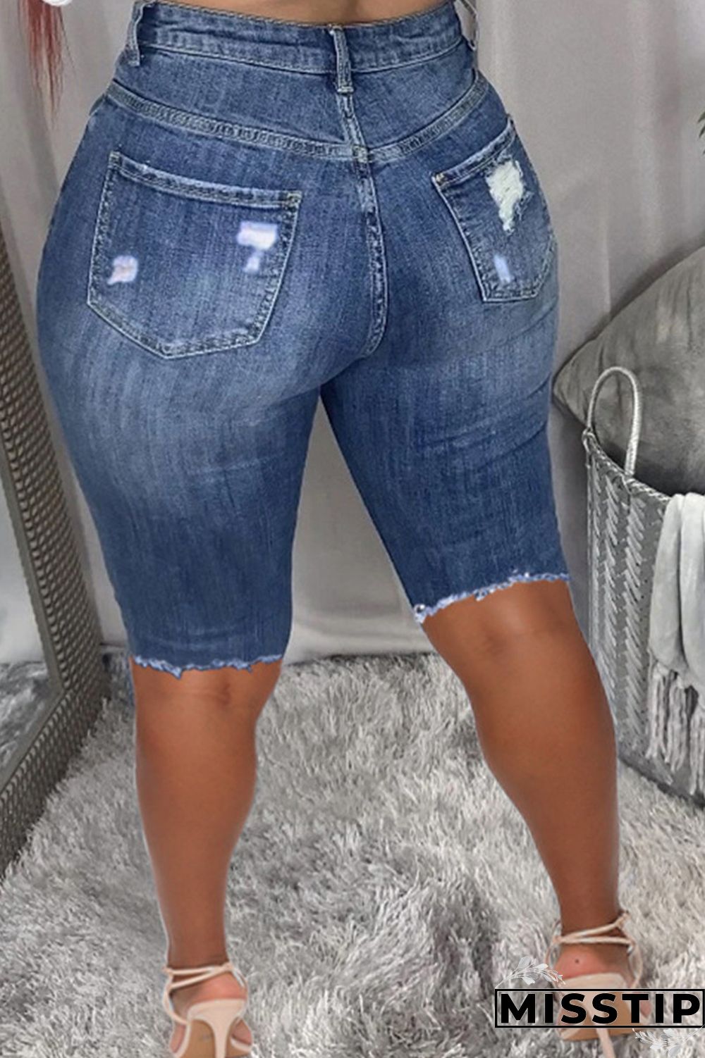 Dark Blue Fashion Casual Solid Ripped High Waist Regular Jeans