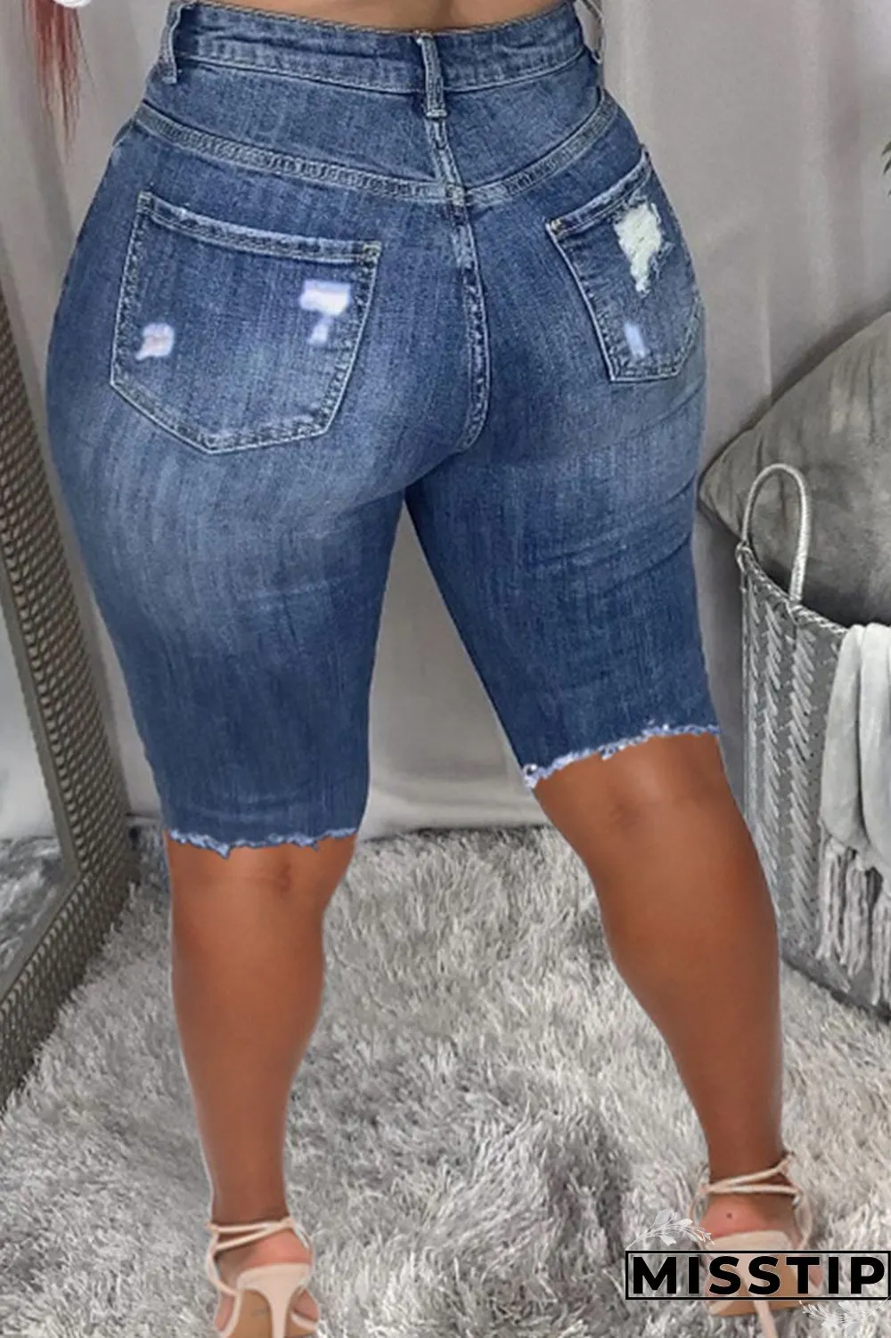 Dark Blue Fashion Casual Solid Ripped High Waist Regular Jeans