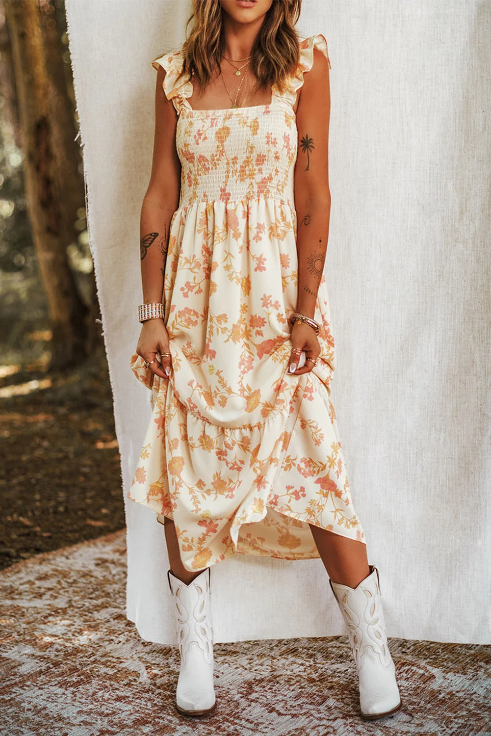 White Ruffle Shoulder Straps Smocked Bodice Printed Dress | IFYHOME